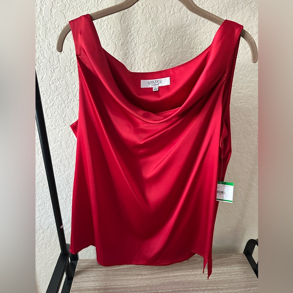 Kasper Fire Red Satin Cowl-Neck Tank